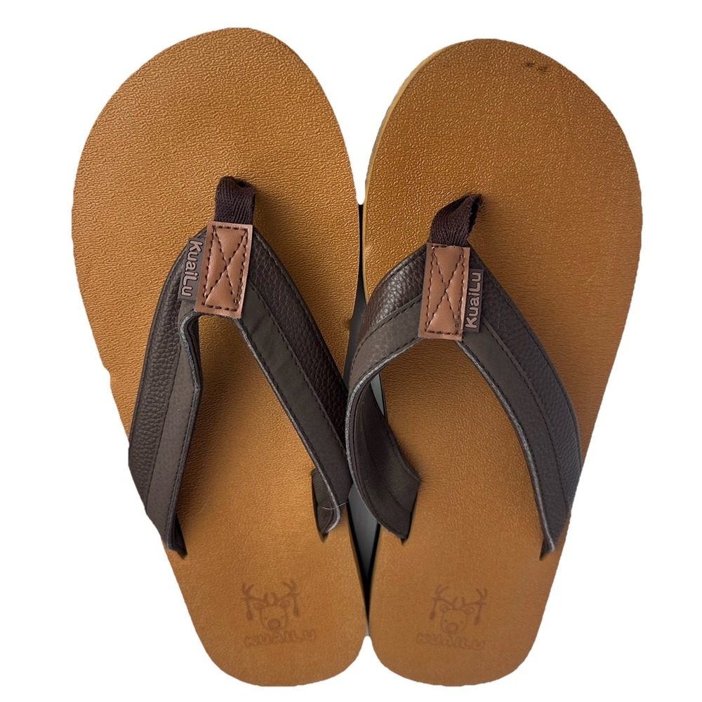 NWOT Kuailu Sandals Mens 13 Tan/Brown Flip Flop Logo Slide Summer Beach Comfort